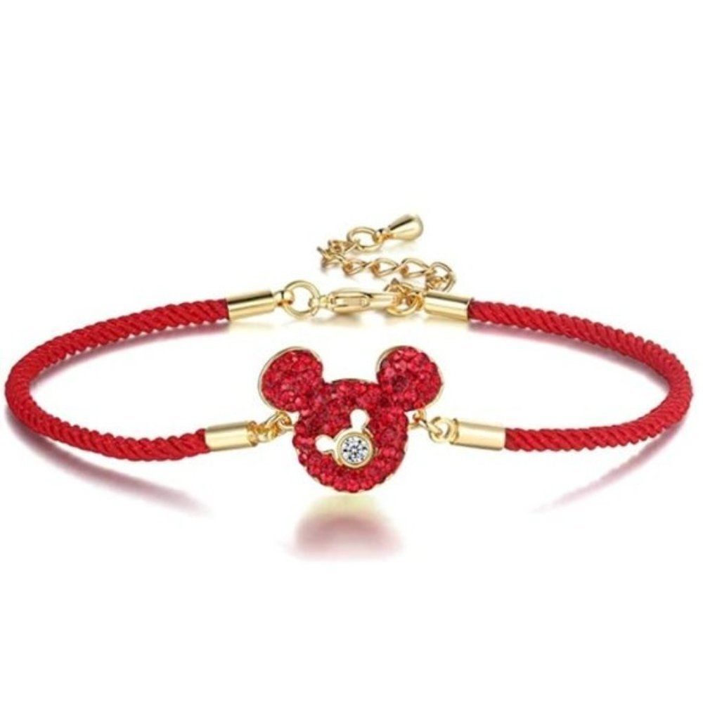 18K Yellow Gold with Ruby Crystal and Cubic Zirconia Mickey Mouse Charm Bracelet